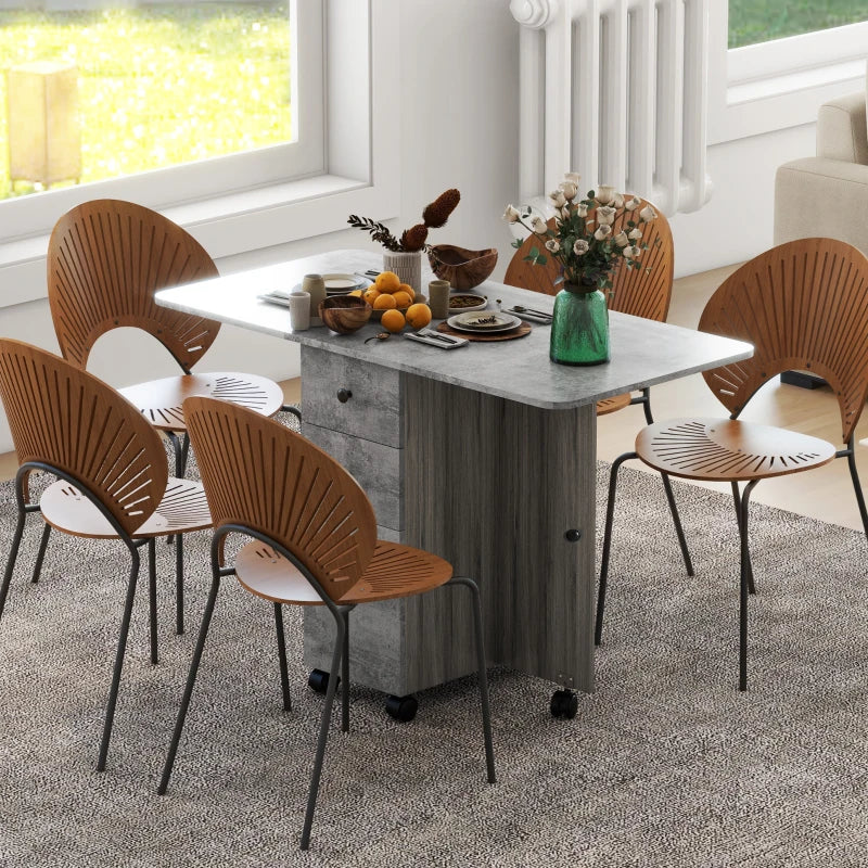 Drop Leaf Dining Table, Mobile Folding Table on Wheels with Drawers and Cabinet for Dining Room, Kitchen, Grey