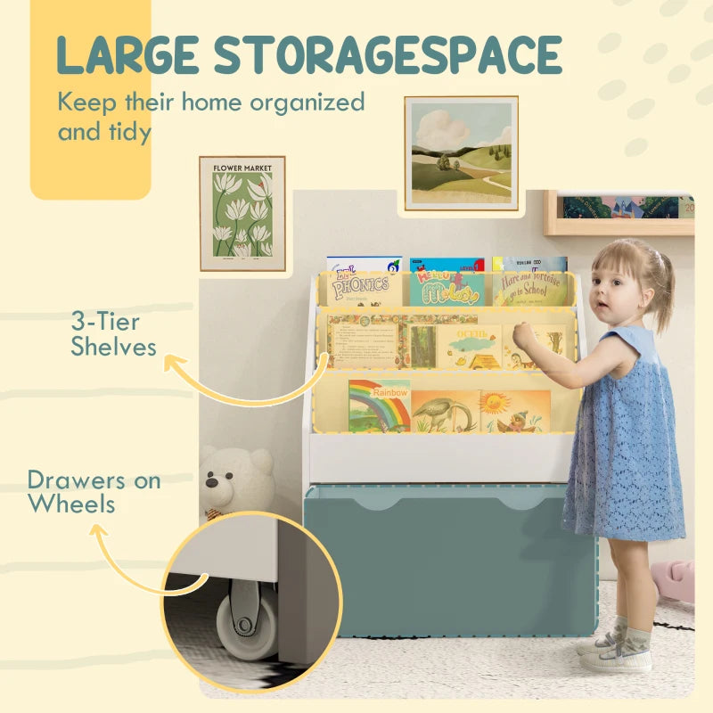 Qaba Kids Bookshelf with 3 Tier Display Shelves, Drawer for Nursery, Grey