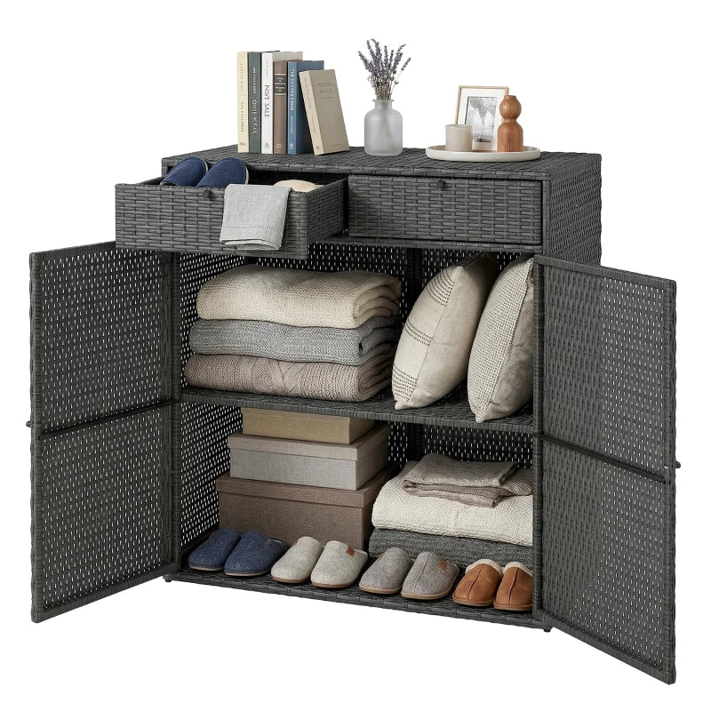 Wicker Outdoor Storage Cabinet with 2 Doors and Drawers, 2-Tier Shelf Rattan Patio Storage Cabinet, Dark Grey