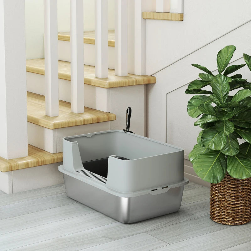 Stainless Steel Litter Box, XL High Sided Cat Litter Box with Scoop, Anti Leakage & Easy to Clean, 24" x 16" x 12", Grey