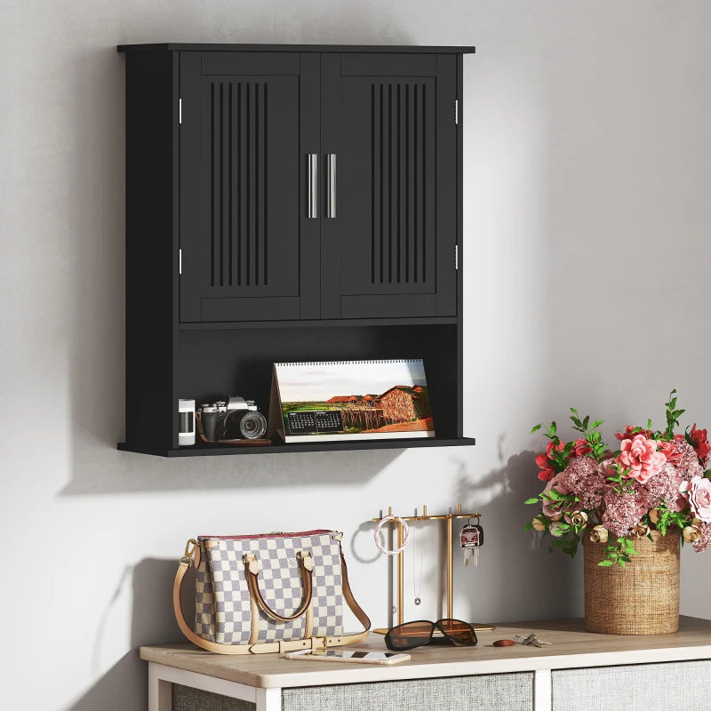 Modern Wall Mount Bathroom Cabinet, Storage Organizer with 2 Door Cabinet and Shelf, Black