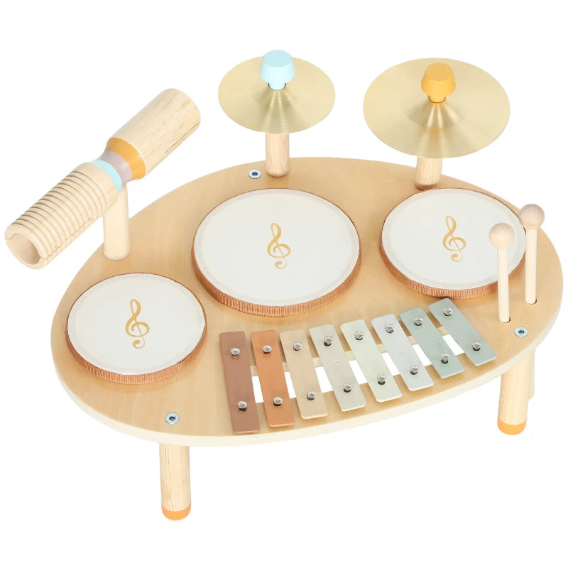 Qaba Toddler Drum Set, 4-in-1 Musical Instruments for Kids 2+, Gifts for Girls Boys Birthday, Natural Wood