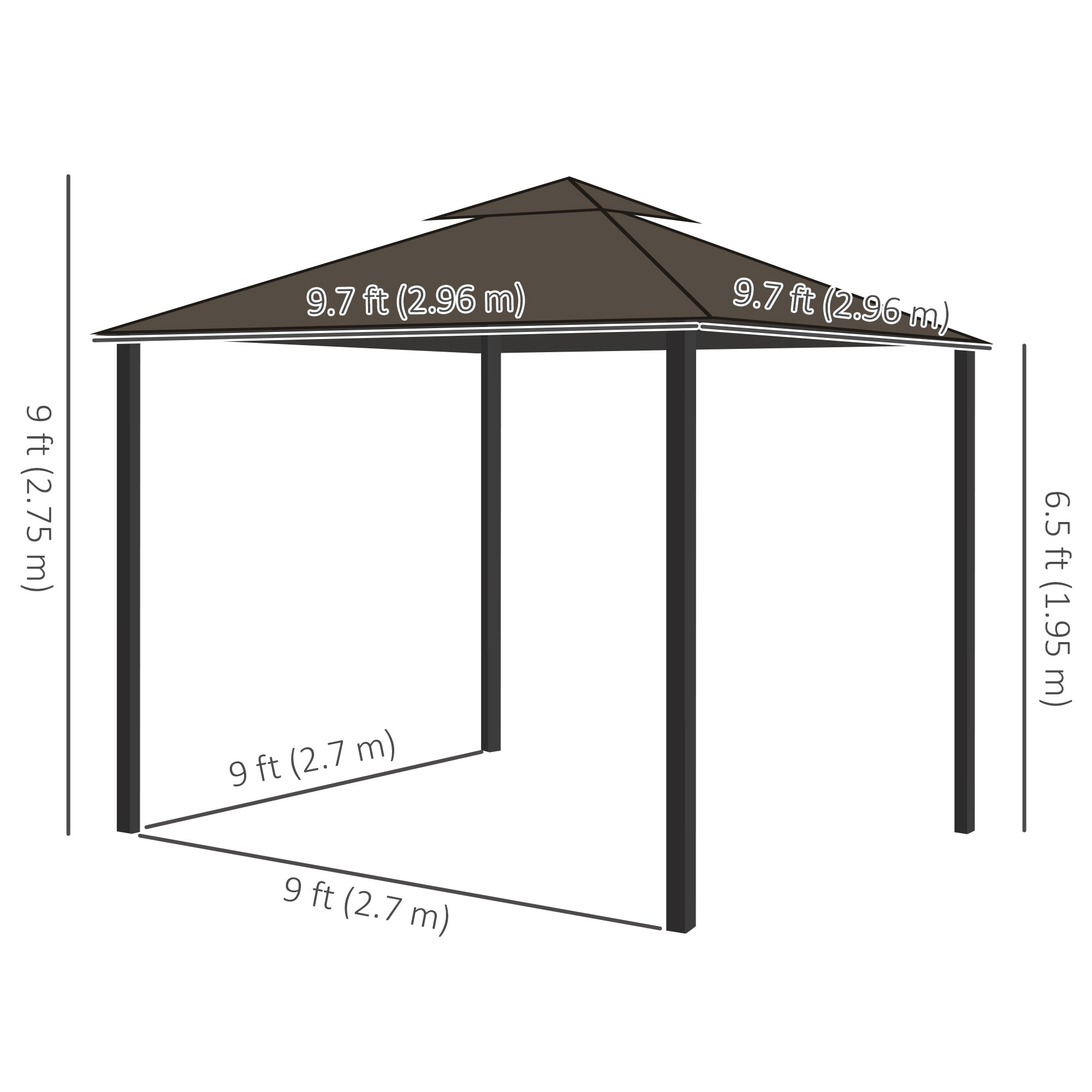 Outsunny 10' x 10' 2-Tier Outdoor Gazebo Canopy Tent with Zippered Mesh Sidewalls, Aluminum Frame for Patio, Backyard, Coffee 