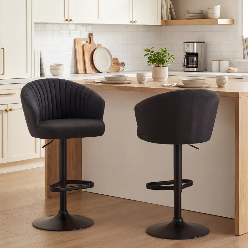 Adjustable Bar Stools Set of 2, Upholstered Kitchen Stools with Swivel Seat, Steel Frame, Footrest, ‎Black