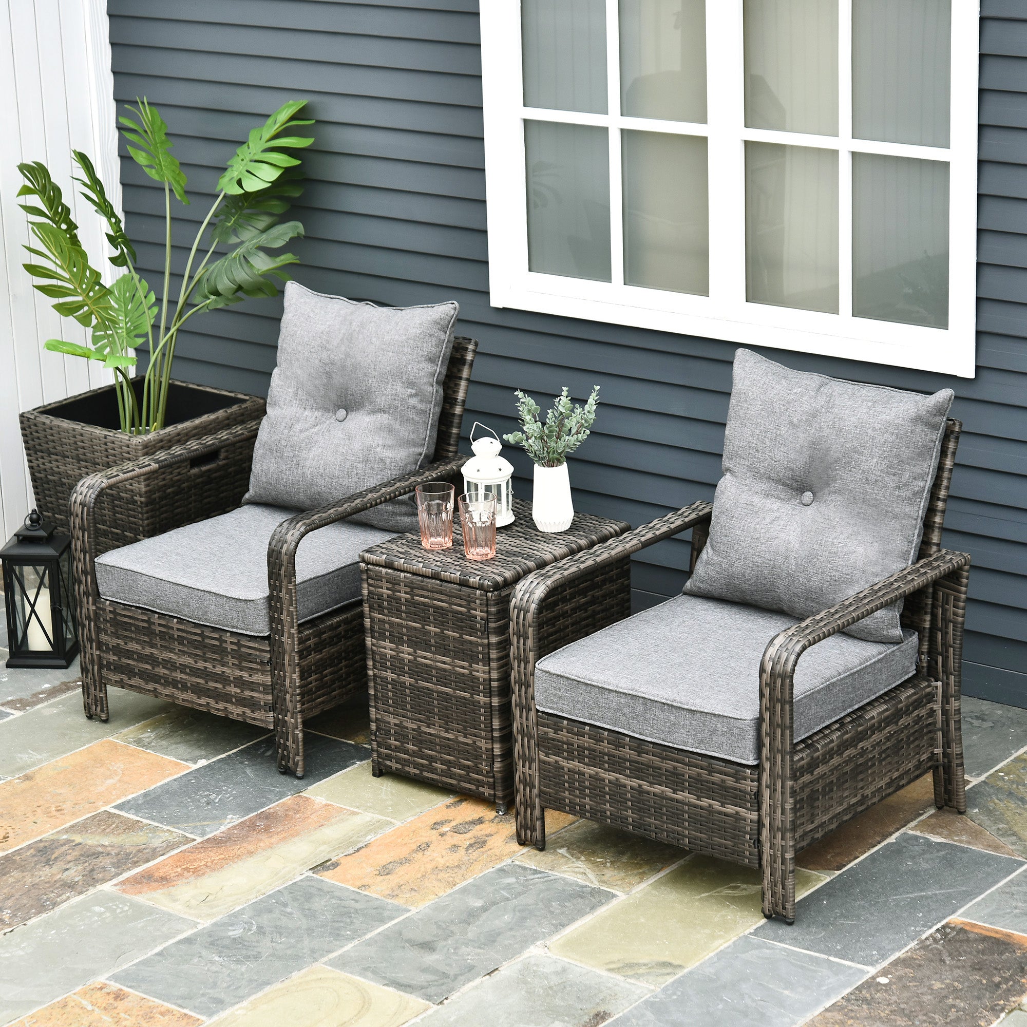 Outsunny 3pc Rattan Garden Sofa Set 2 Padded Chairs Storage Table Mixed Brown 