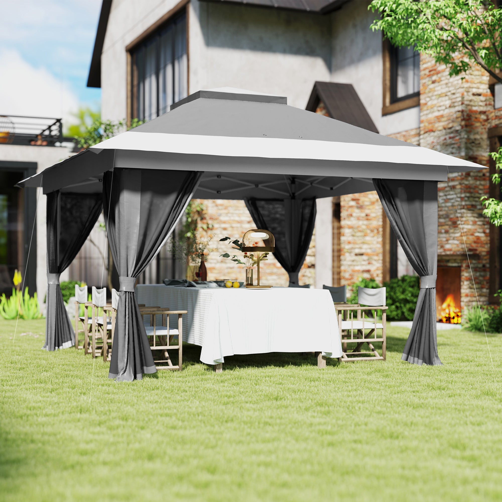 Outsunny 11.7' x 11.7' Pop Up Canopy Tent with Netting, UPF50+ Instant Sun Shelter with Wheeled Carry Bag and Sand Bags 