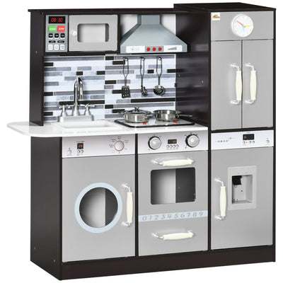 Qaba Wooden Play Kitchen with Lights Sounds, Kids Kitchen Playset with Washing Machine, Water Dispenser, Microwave, Range Hood 