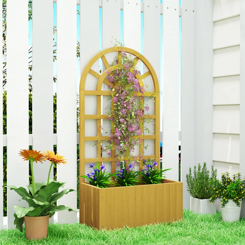 Wooden Raised Garden Bed with Lattice Trellis, Outdoor Elevated Planter Box with Drainage Holes for Climbing Plants