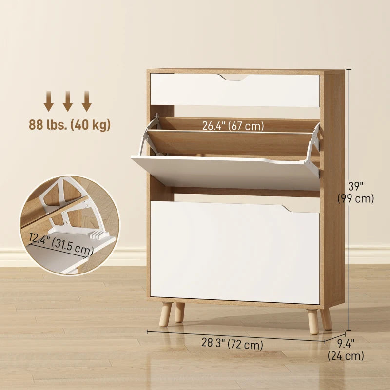 Narrow Shoe Cabinet for Entryway with 2 Flip Drawers, Top Drawer and Adjustable Shelves for 12 Pairs of Shoes, White