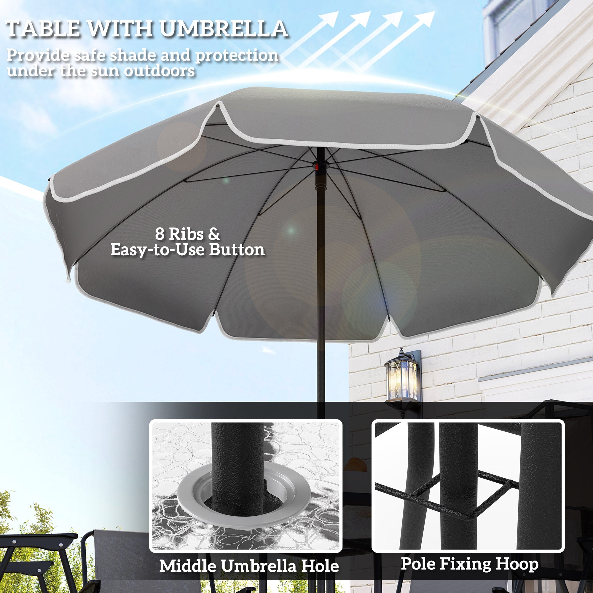 Outsunny 6 Pieces Patio Dining Set with Umbrella, Patio Furniture Set with Folding Chairs, Glass Table for Garden Backyard, Grey 
