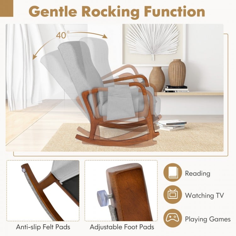 Rocking Chair with Ottoman and Solid Rubber Wood Frame and Padded Cushion-Gray