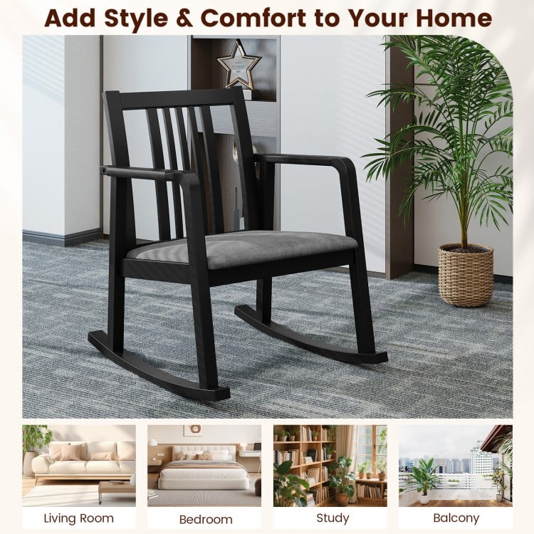 Rocking Chair with Slatted Back and Curved Armrests-Black
