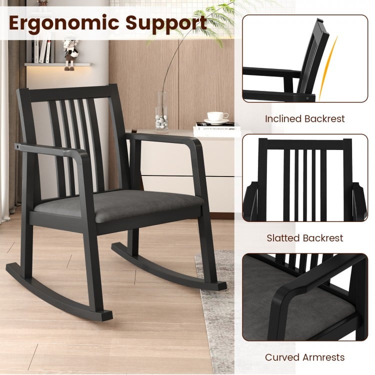 Rocking Chair with Slatted Back and Curved Armrests-Black