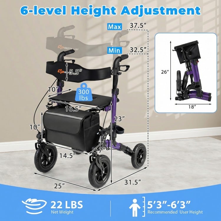 Rollator Walker for Seniors Folding Rolling Walker with Seat-Purple