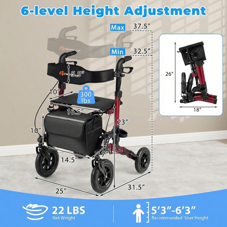 Rollator Walker for Seniors Folding Rolling Walker with Seat-Red