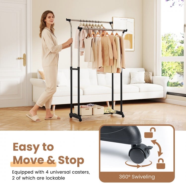 Rolling Clothes Rack Double Rod Garment Rack with Adjustable Height