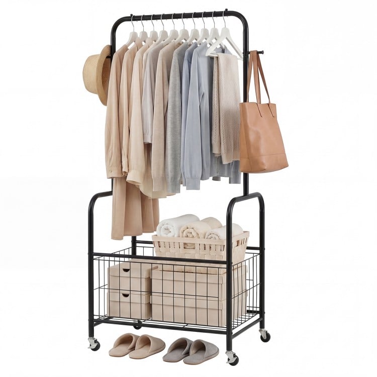 Rolling Metal Clothes Rack with Hanging Rod and Storage Basket-Black