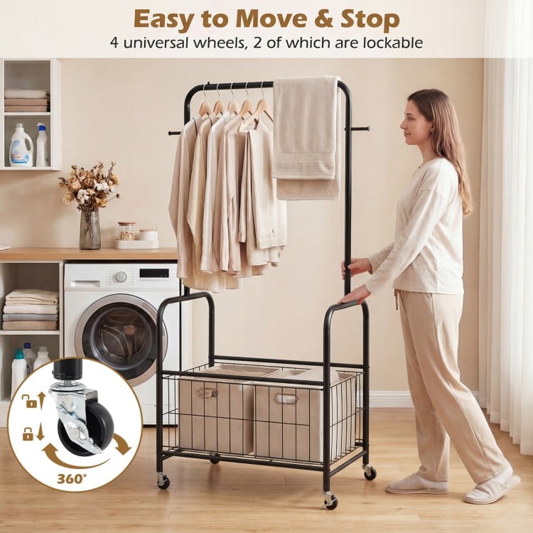 Rolling Metal Clothes Rack with Hanging Rod and Storage Basket-Black