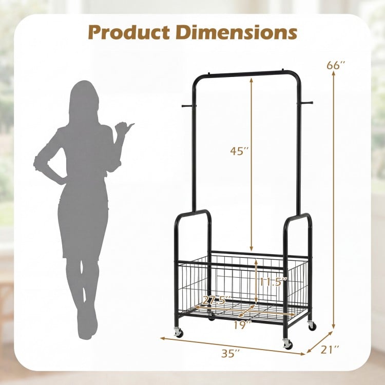 Rolling Metal Clothes Rack with Hanging Rod and Storage Basket-Black