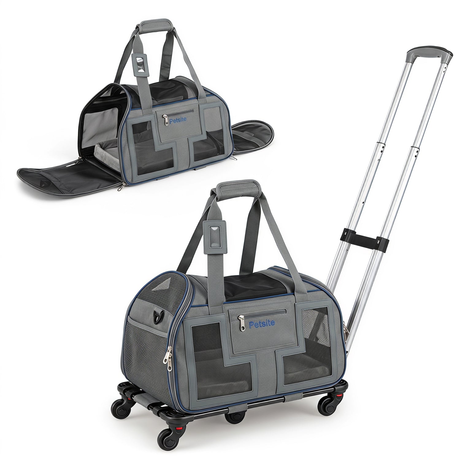 Rolling Pet Carrier with Wheels & Telescopic Handle for Dogs & Cats