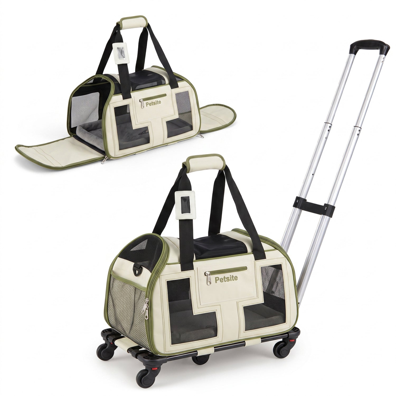 Rolling Pet Carrier with Wheels & Telescopic Handle for Dogs & Cats