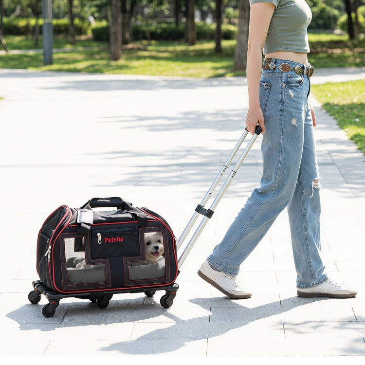 Rolling Pet Carrier with Wheels & Telescopic Handle for Dogs & Cats