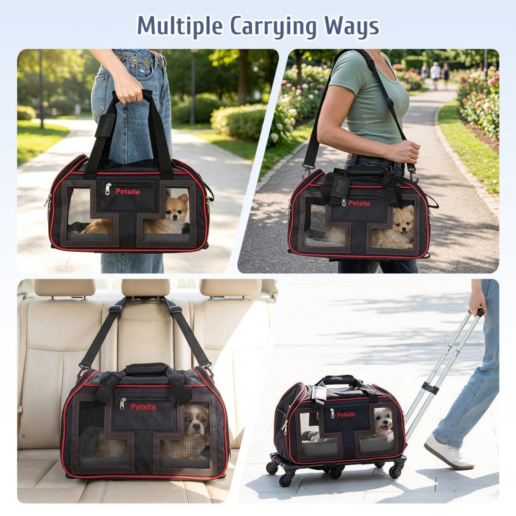Rolling Pet Carrier with Wheels & Telescopic Handle for Dogs & Cats