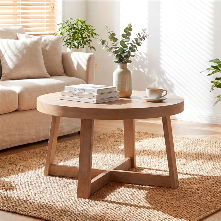 Round Coffee Table for Living Room 30 inch Farmhouse Accent Table with Study Rubber Wood Legs-Yellow