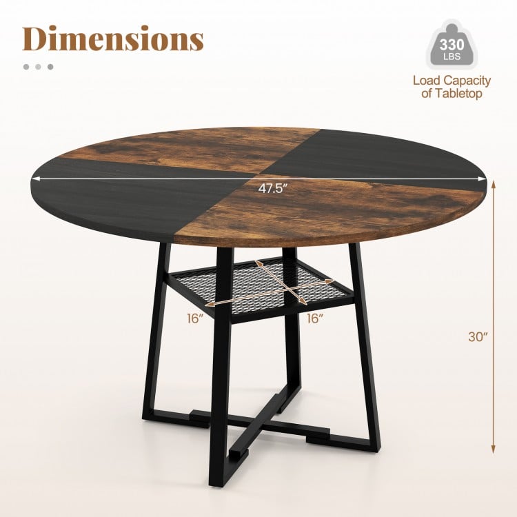 Round Dining Table for 4-6 with Storage Shelf and Metal Legs-Rustic Brown
