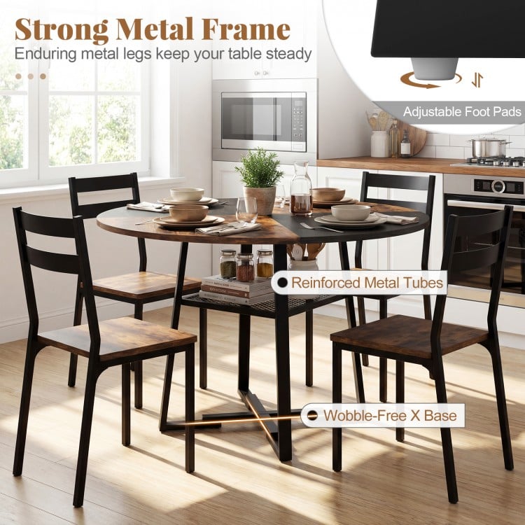 Round Dining Table for 4-6 with Storage Shelf and Metal Legs-Rustic Brown