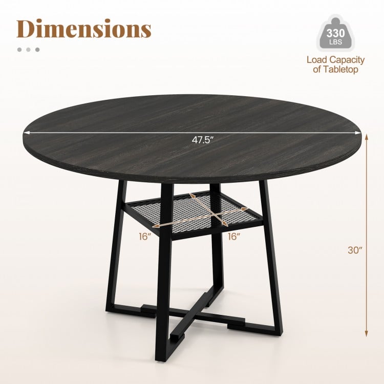 Round Dining Table for 4-6 with Storage Shelf and Metal Legs-Black