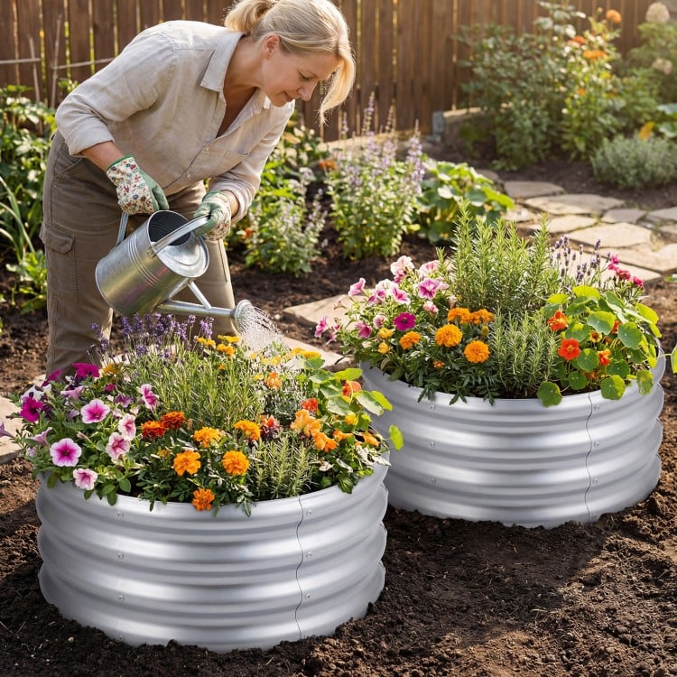 Round Galvanized Raised Garden Bed with Open-Ended Base