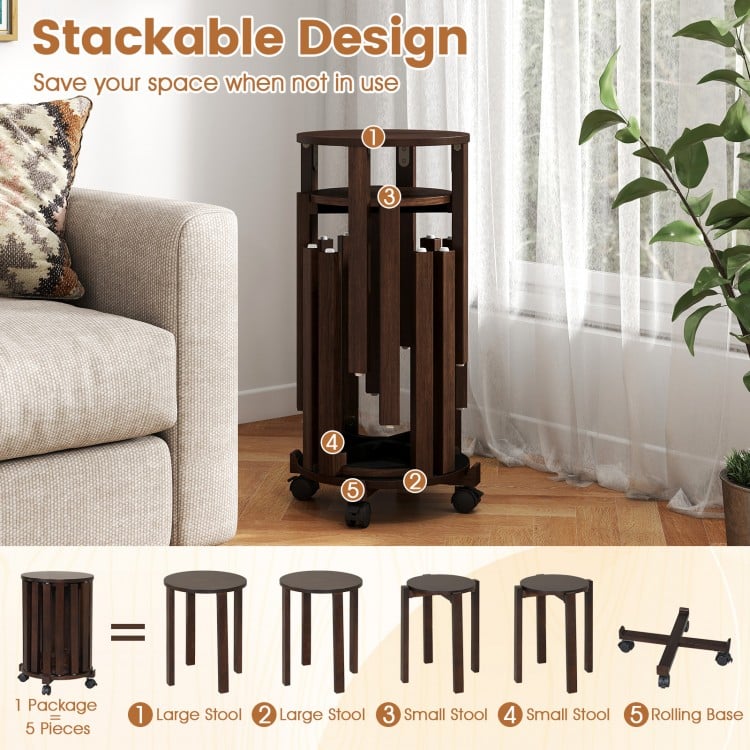 Round Portable Wood Nesting Stools with Locking Casters-Walnut