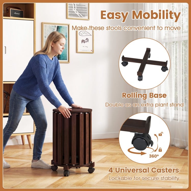 Round Portable Wood Nesting Stools with Locking Casters-Walnut
