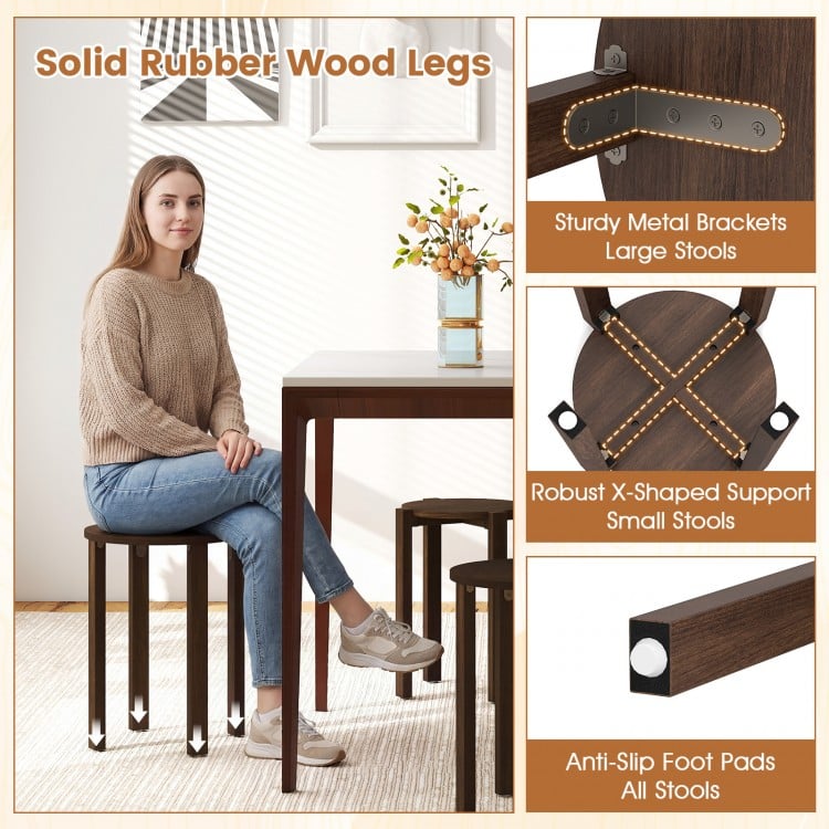Round Portable Wood Nesting Stools with Locking Casters-Walnut