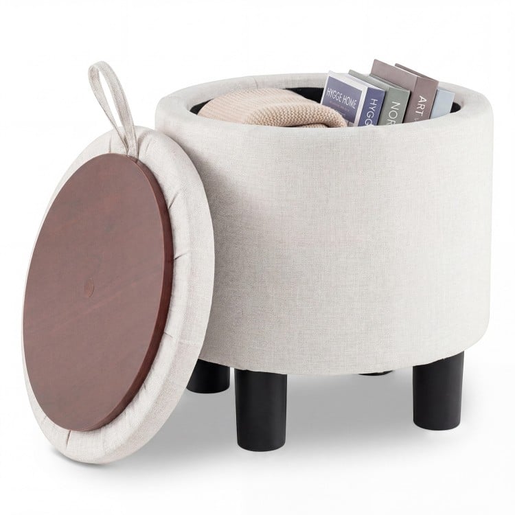 Round Storage Ottoman Linen Fabric Upholstered Footrest Stool-Beige
