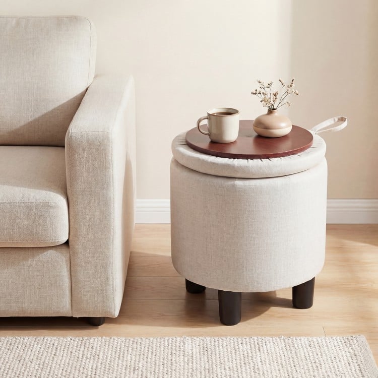 Round Storage Ottoman Linen Fabric Upholstered Footrest Stool-Beige