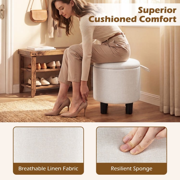 Round Storage Ottoman Linen Fabric Upholstered Footrest Stool-Beige