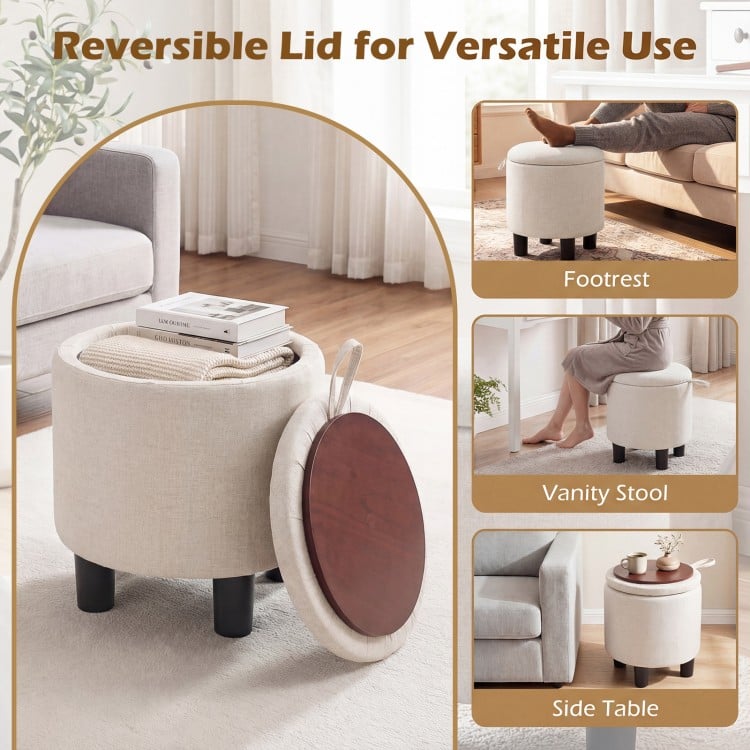 Round Storage Ottoman Linen Fabric Upholstered Footrest Stool-Beige
