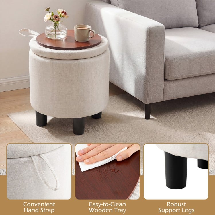 Round Storage Ottoman Linen Fabric Upholstered Footrest Stool-Beige