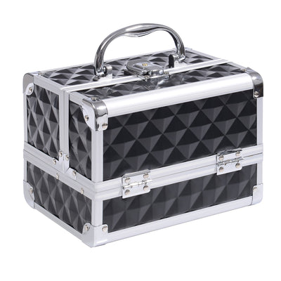 HOMCOM Cosmetic Train Case 3 Tier Diamond Texture Organizer with Mirror Portable Black 8"x6"x6" 