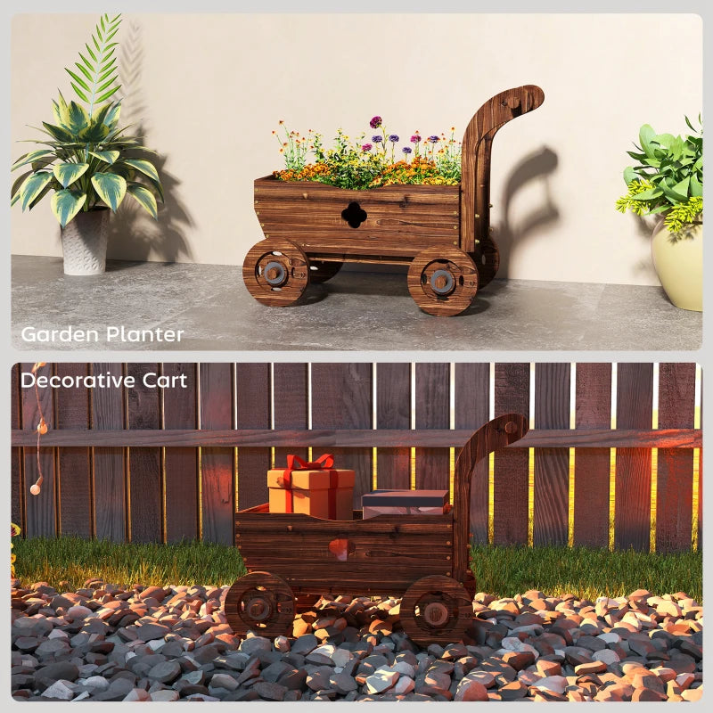 Wagon Flower Planter Cart with Wheels, Garden Wagon with Handle for Outdoor Patio Yard, Carbonized