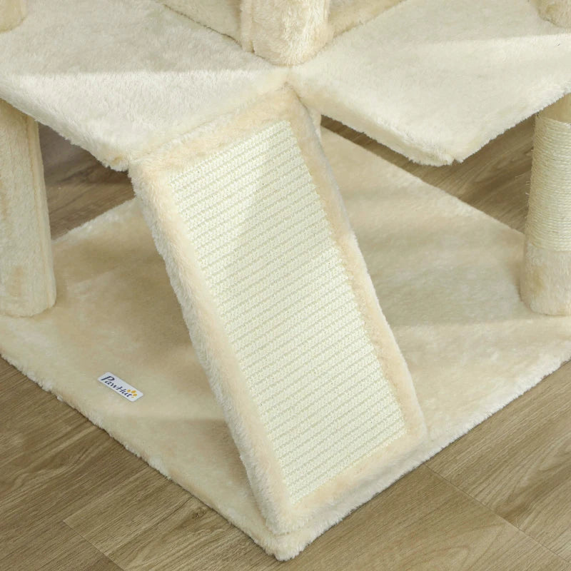 63" Cat Tree, Multi-Level Cat Tower with Scratching Posts, Cat Condos, Bed, Platforms, Ramp, Toy Ball, Cream White