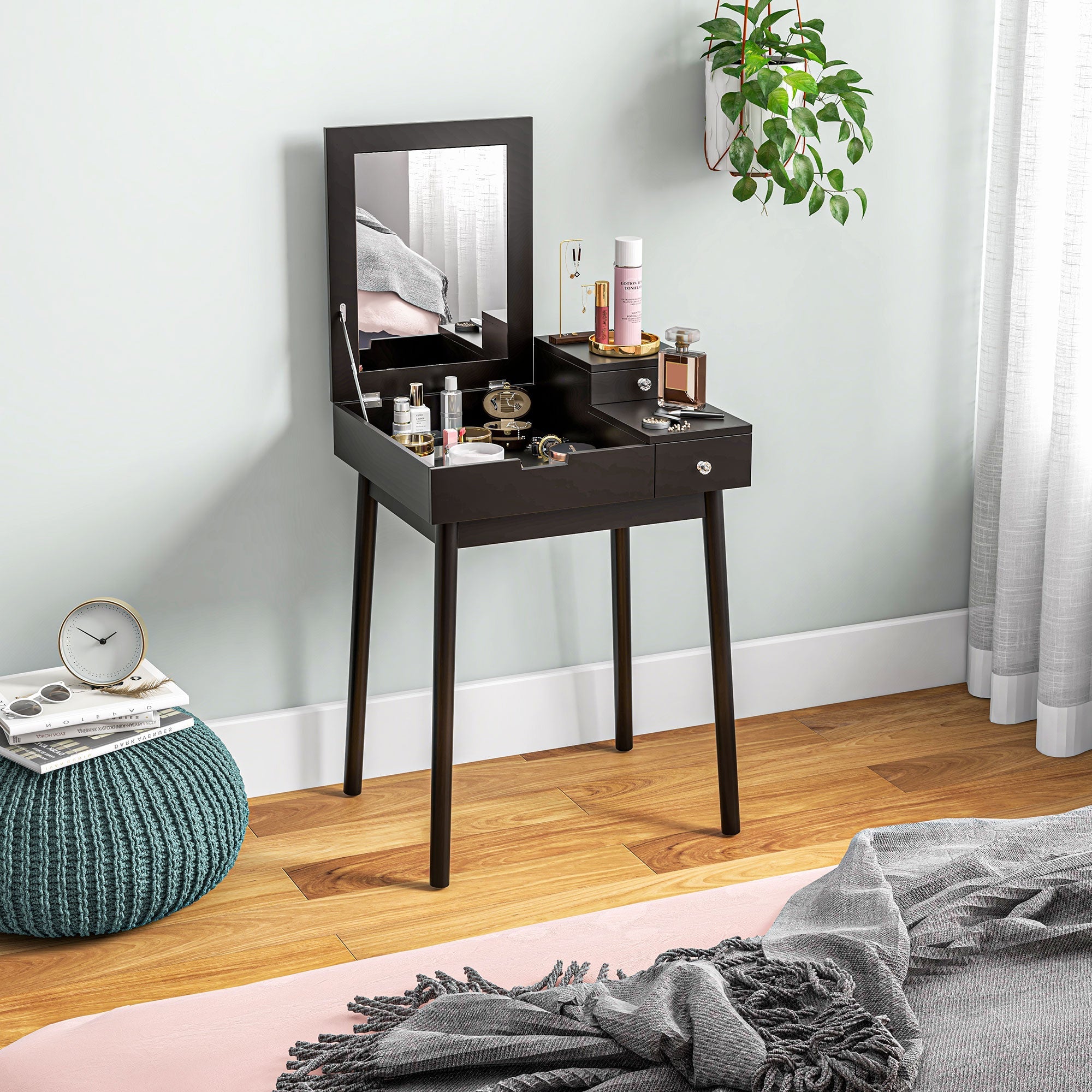 HOMCOM Makeup Vanity Table with Flip-up Mirror, Modern Dressing Table with 2 Drawers for Bedroom, Black 