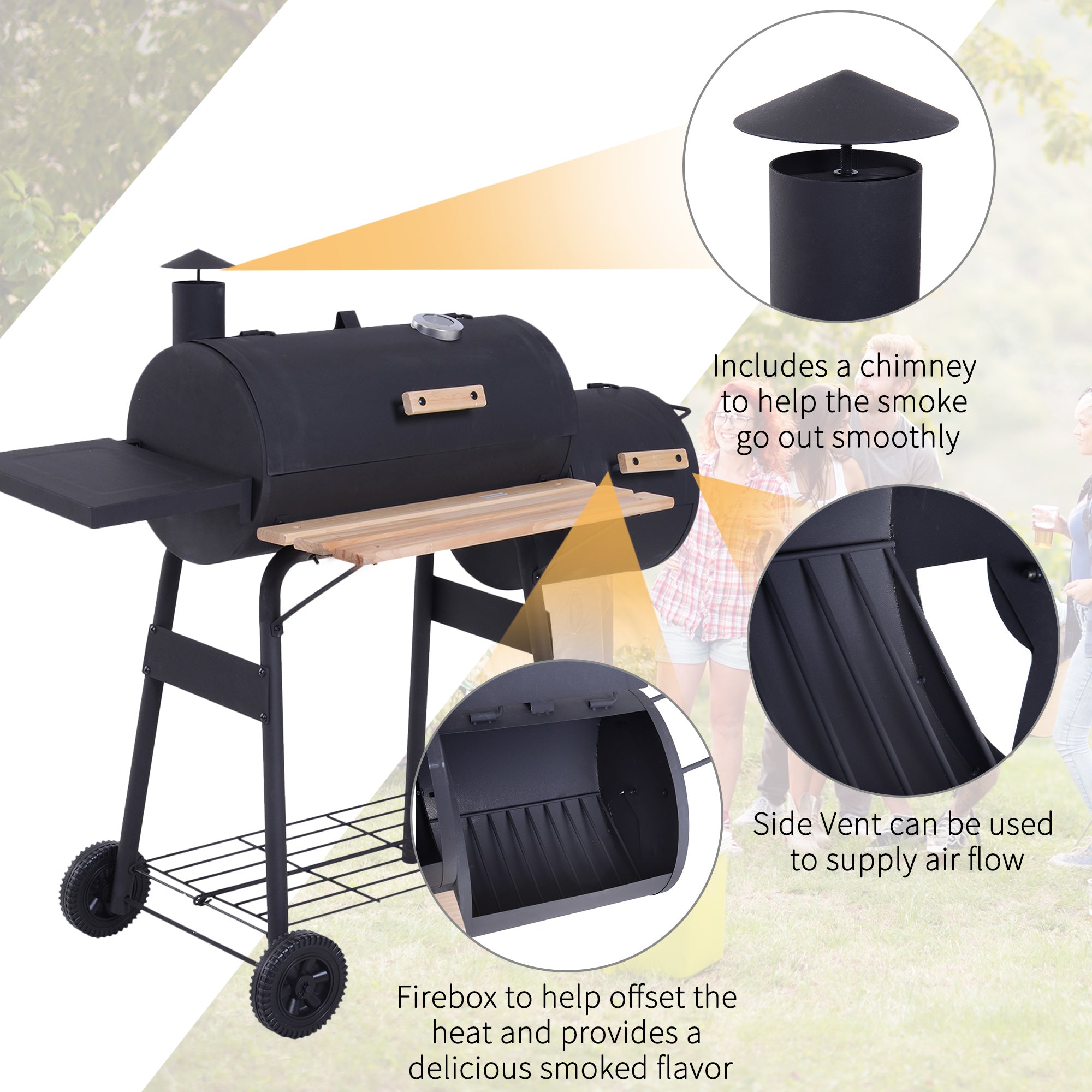 Outsunny 48" Freestanding Charcoal BBQ Grill Portable Smoker for Outdoor Camping Picnic Barbecue Cooker 