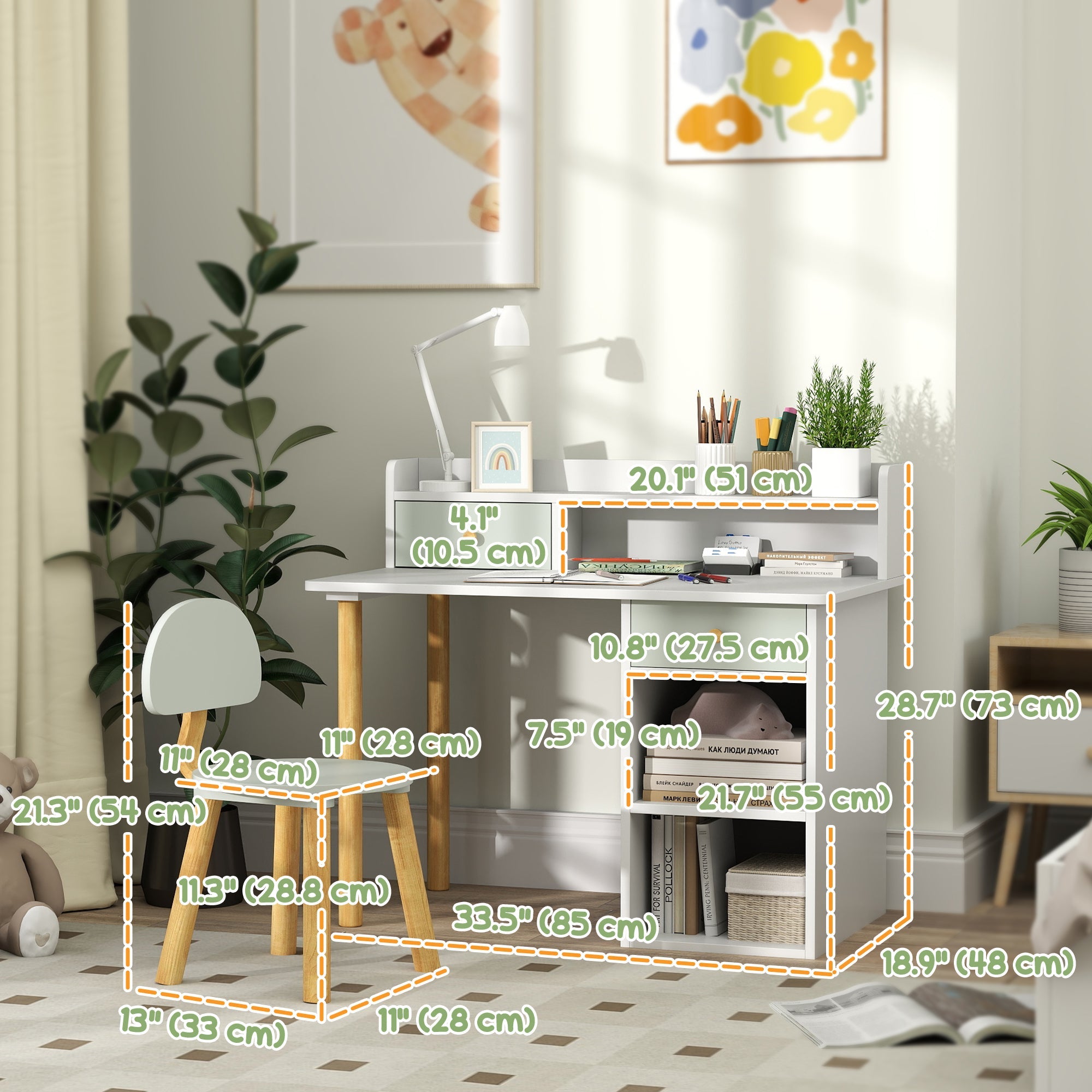 Qaba Kids Study Table and Chair Set, Kids Desk and Chair Set w/ Storage and Shelves, for 3-8 Year Old, Green 