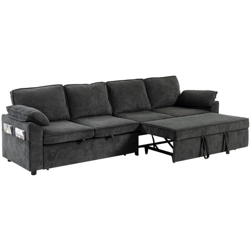 4-Seat Sectional Sofa Bed with Double Pull-Out Sleeper – Dark Grey Chenille