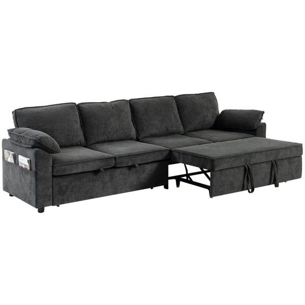 4-Seat Sectional Sofa Bed with Double Pull-Out Sleeper – Dark Grey Chenille