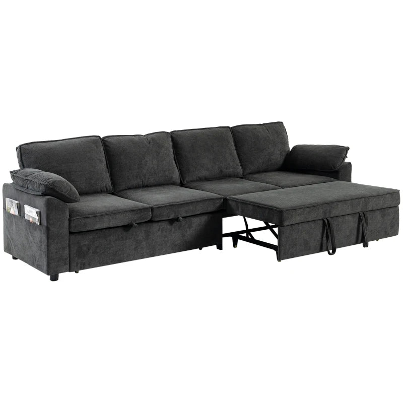4-Seat Sectional Sofa Bed with Double Pull-Out Sleeper – Dark Grey Chenille