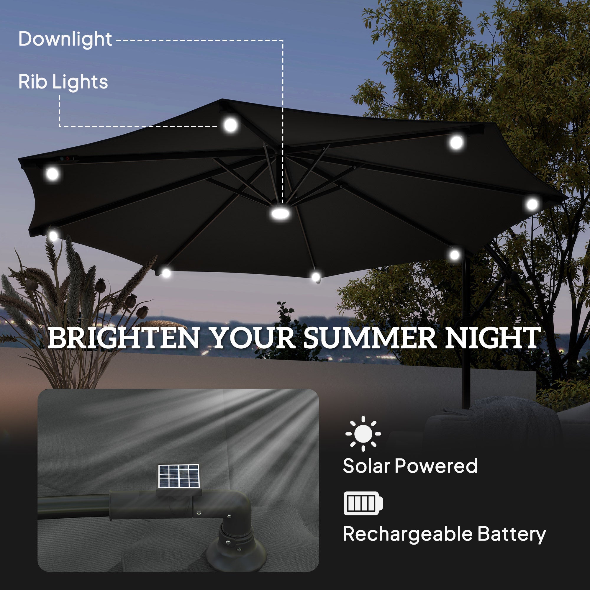 Outsunny 8.8FT Cantilever Patio Umbrella with Solar Powered LED Lights, Crank Handle, Cross Base for Outdoor Sun Shade, Grey 